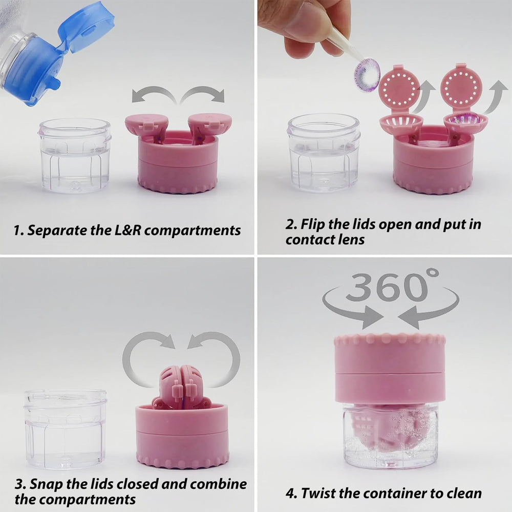 Compact pink lens case in a purse-ready travel setup
