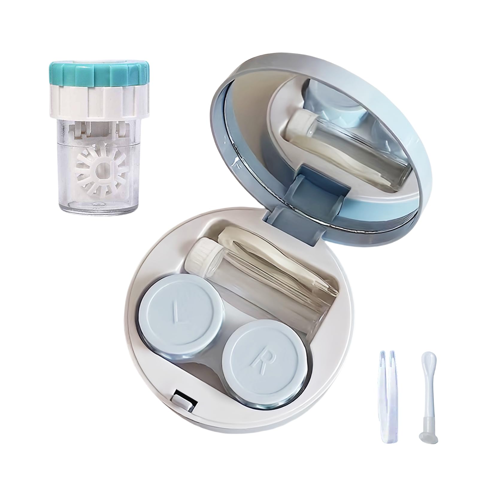 YKuzLx sky blue travel contact lens case with mirror and cleaning tools