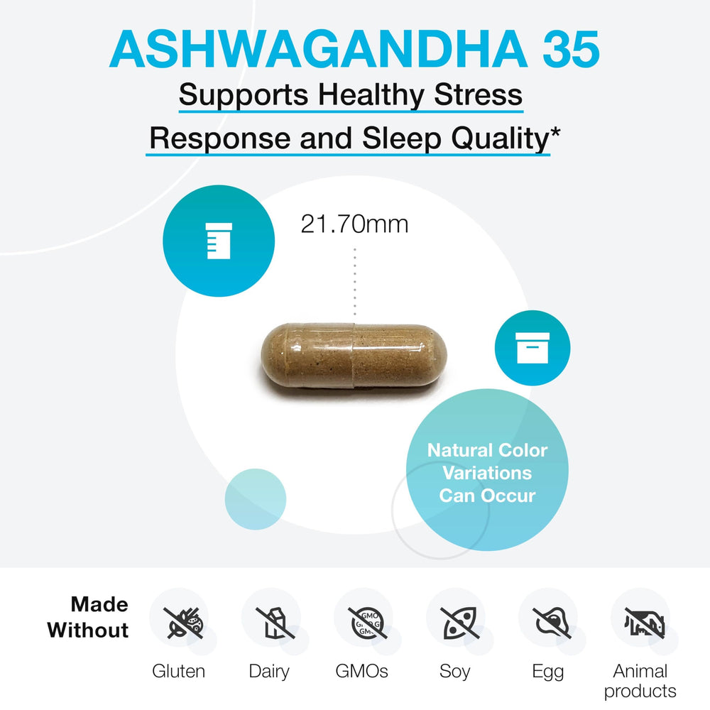 60-count bottle of XYMOGEN Ashwagandha 35% capsules with purified root + leaf extract