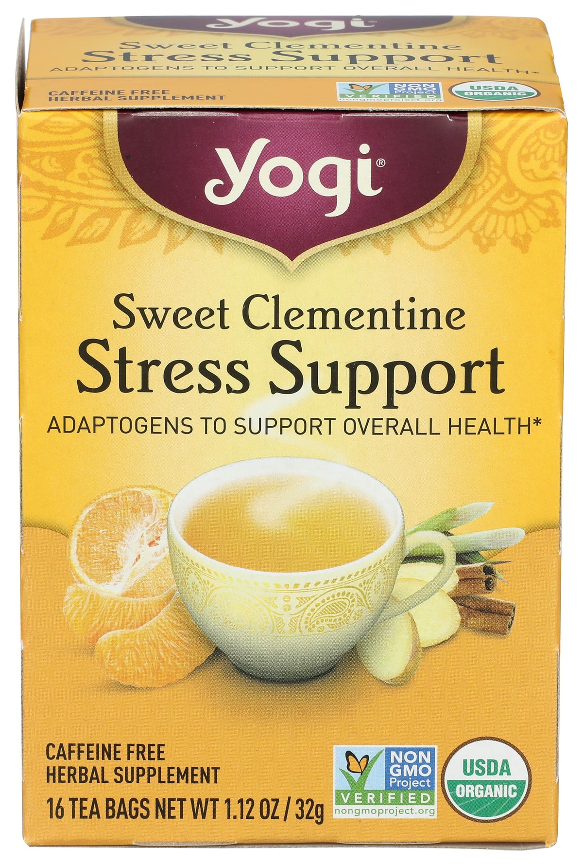 Front of Yogi Tea Organic Sweet Clementine Stress Support Supplement box