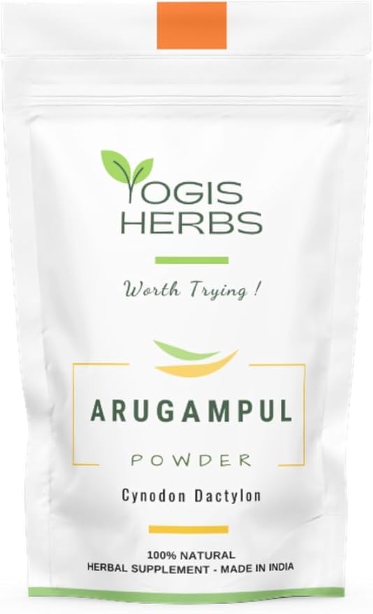 Front view of YOGIS HERBS Arugampul Powder 3.5 oz jar