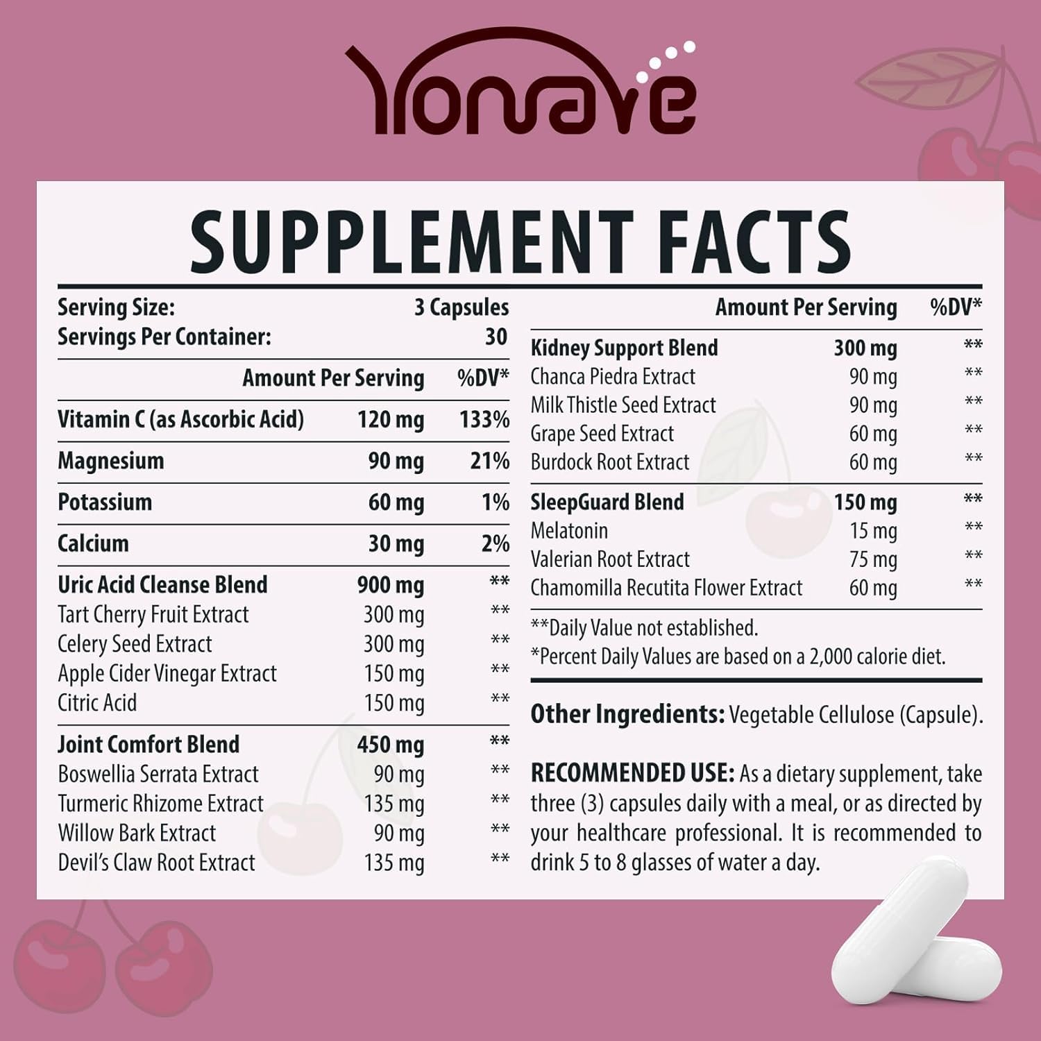 Ingredients include tart cherry, celery seed, and apple cider vinegar