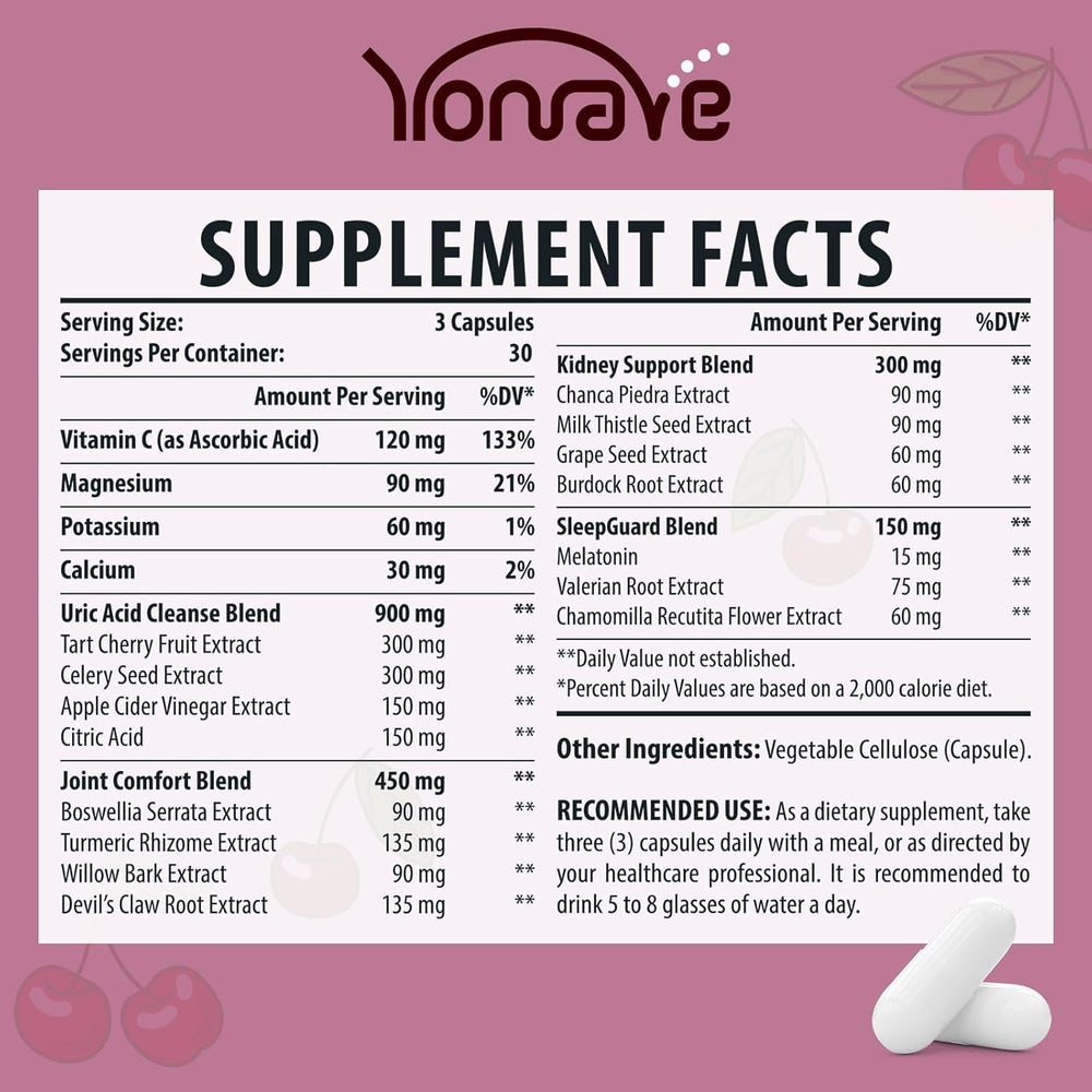 Ingredients include tart cherry, celery seed, and apple cider vinegar