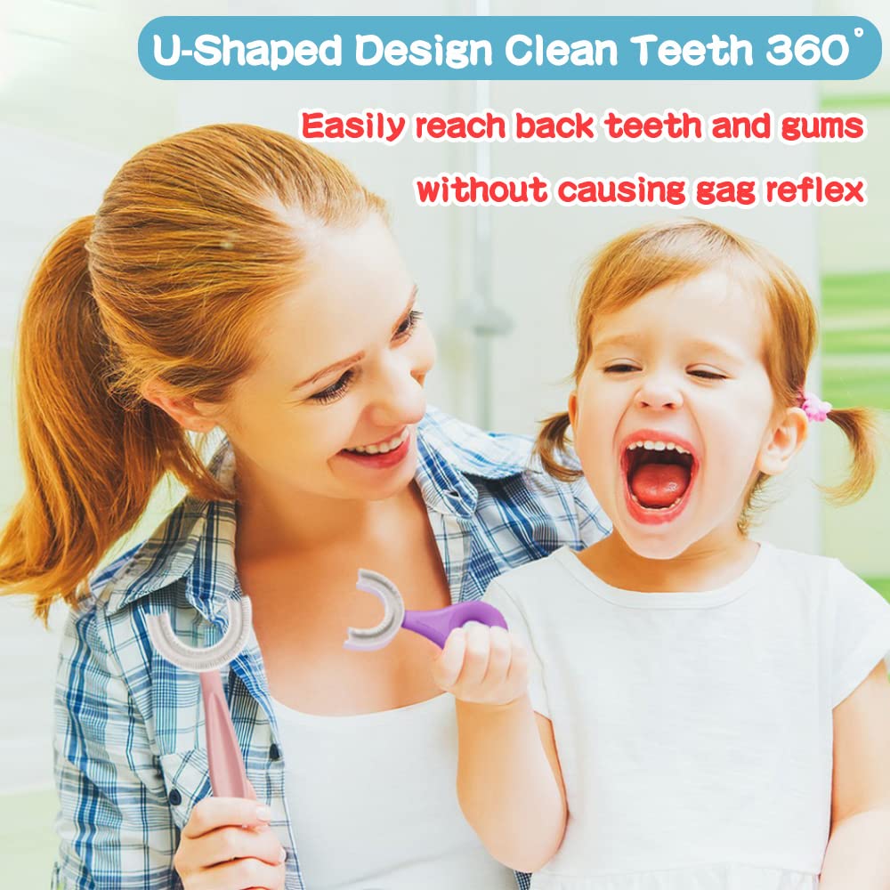 Front view of YOTEE U-Shaped Kids Toothbrush with purple and yellow bristles