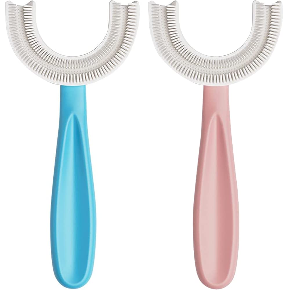 Front view of YOTEE U-Shaped Kids Toothbrush blue and pink