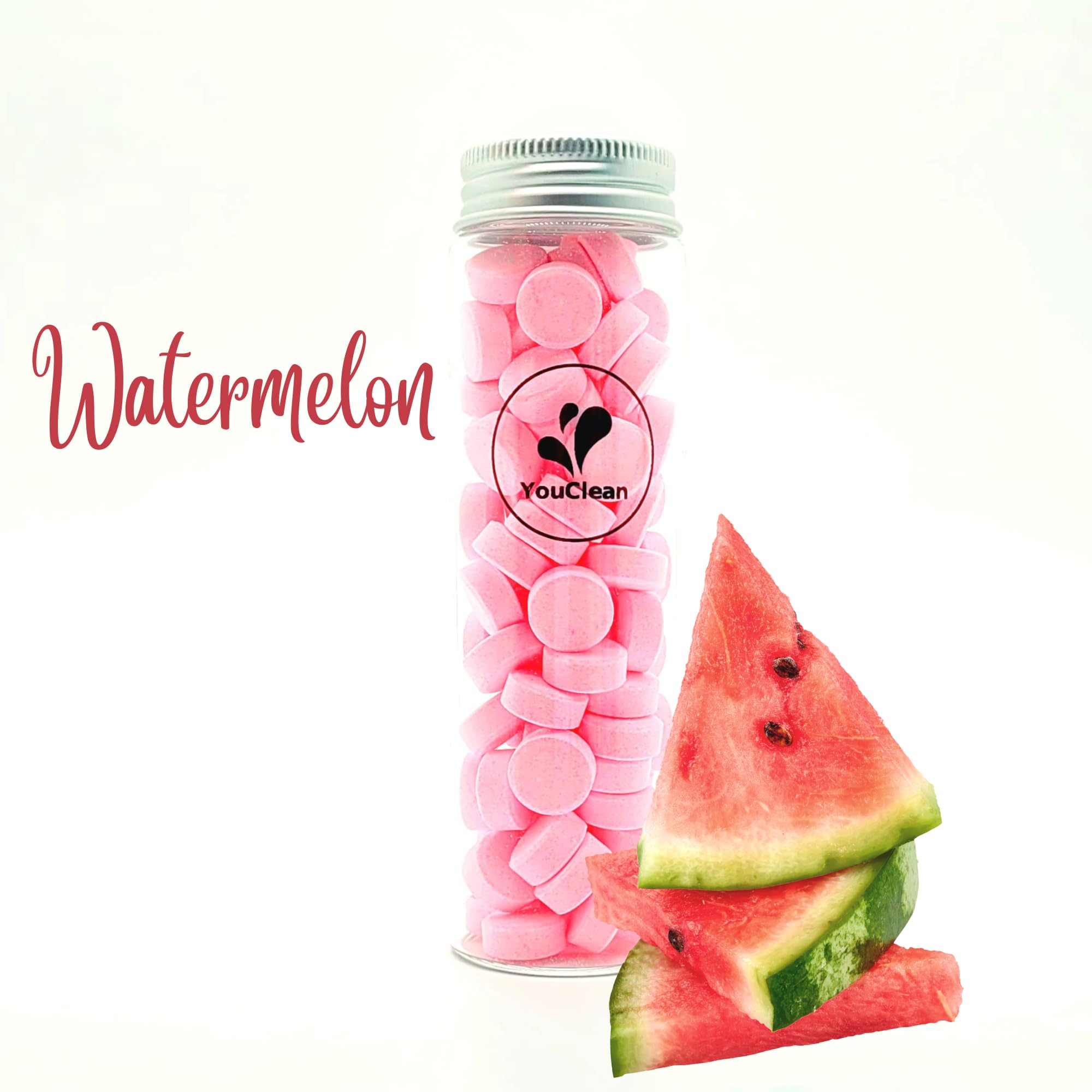 YouClean 90 toothpaste tablets in a glass travel tube with Watermelon90 flavor