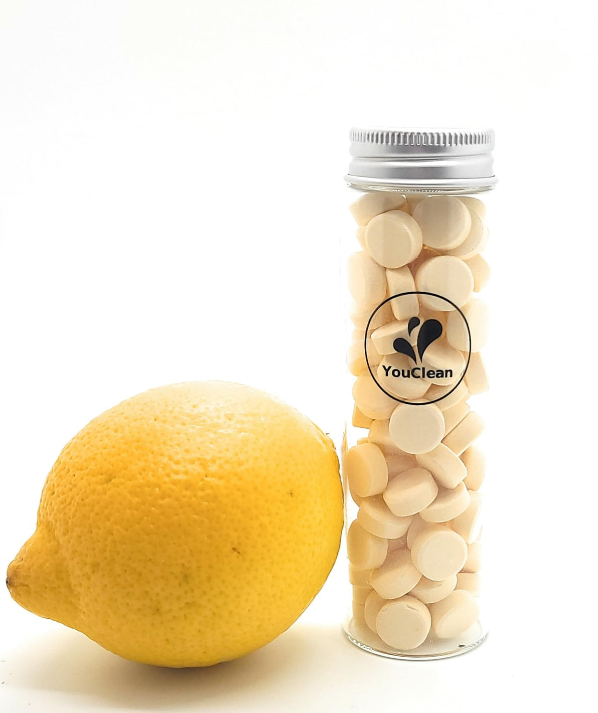 YouClean 90 toothpaste tablets in a recyclable glass jar with lemon scent