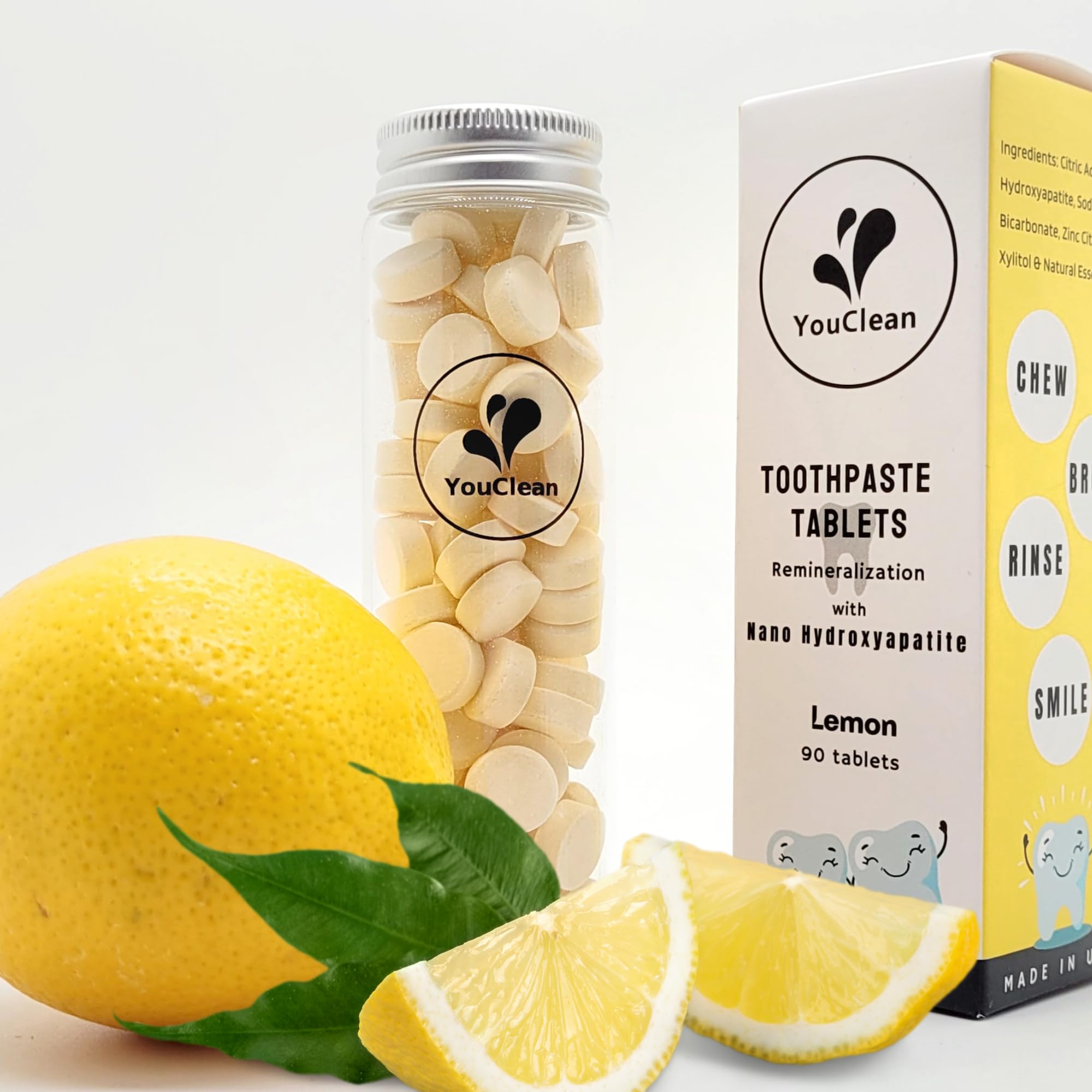 Open glass jar showing the YouClean toothpaste tablets