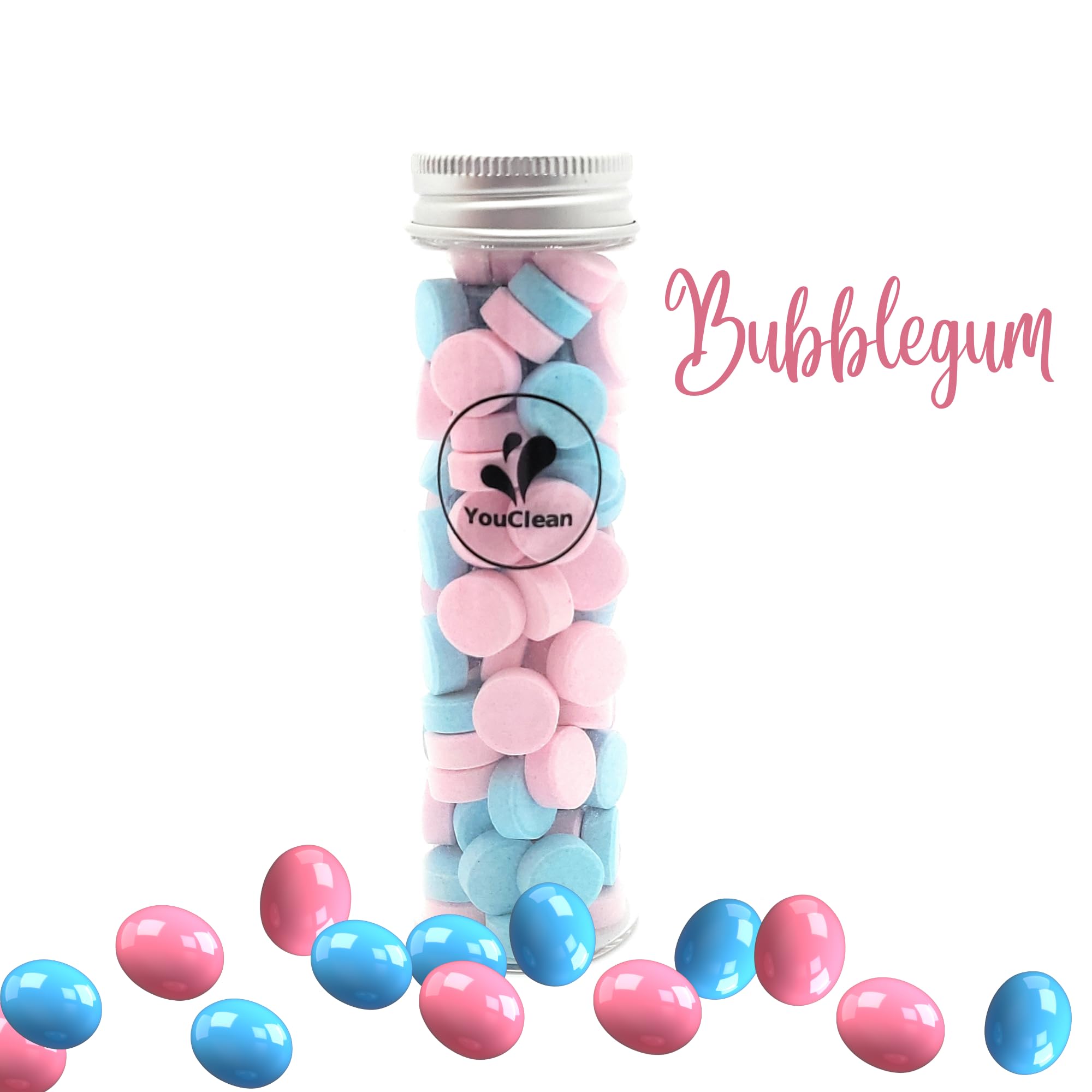 Front view of YouClean 90 toothpaste tablets in a glass jar