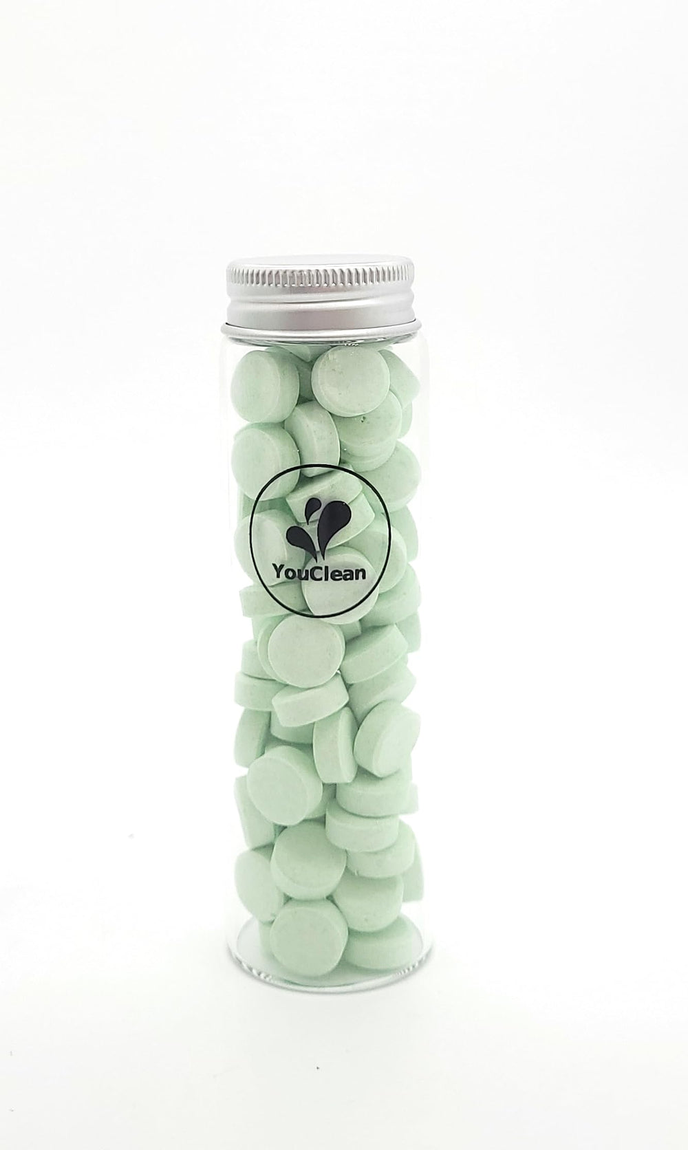 Open glass tube showing 90 tablets and refill option