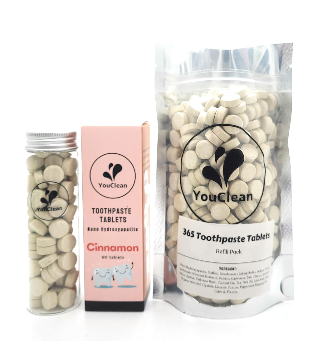 Glass refill jar with 365 YouClean toothpaste tablets