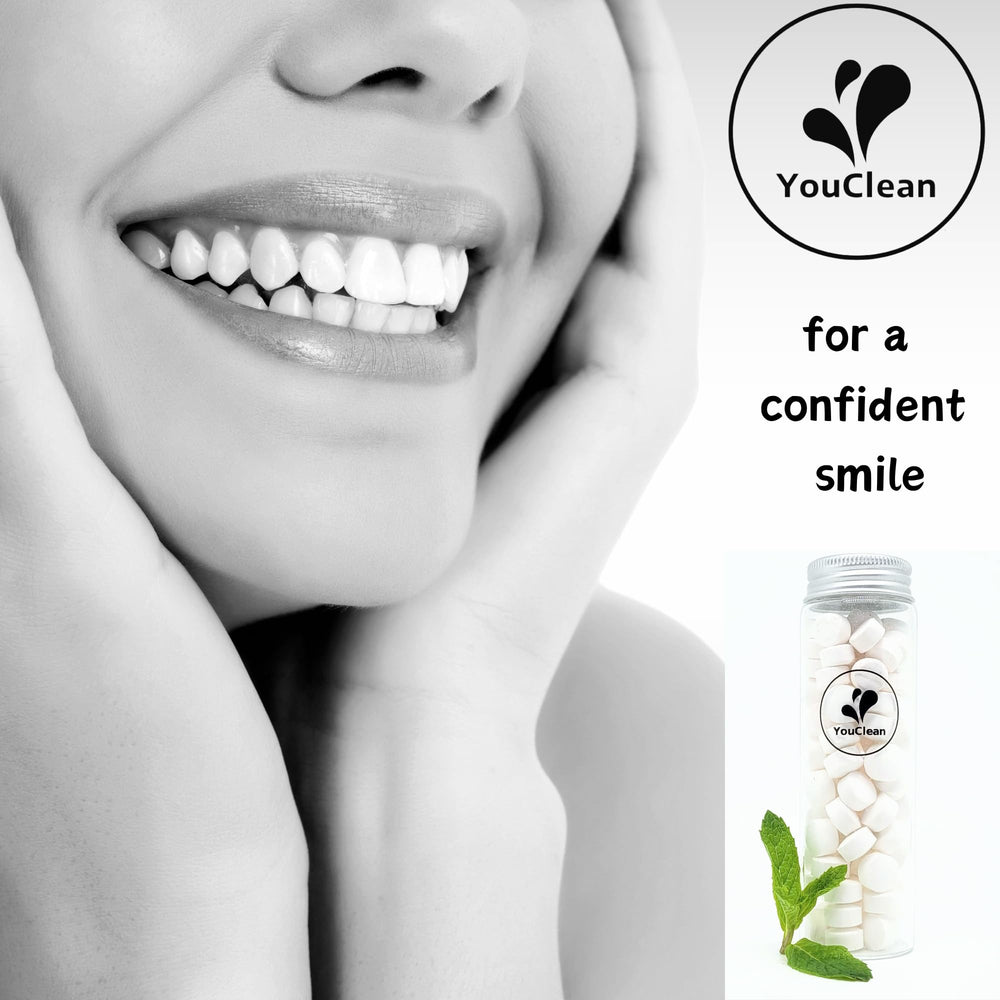 How to use YouClean toothpaste tablets: chew, wet toothbrush, brush and rinse