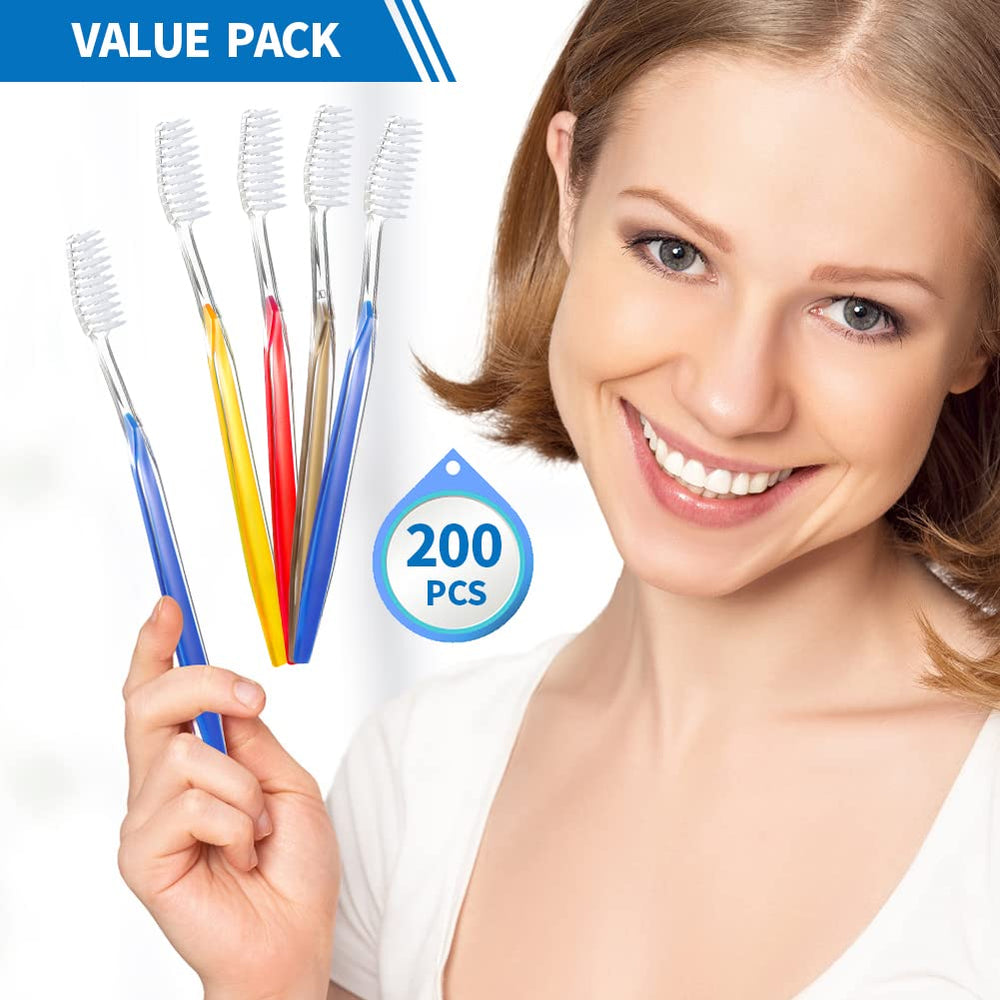 Individually wrapped toothbrushes in red, blue, silver and gold