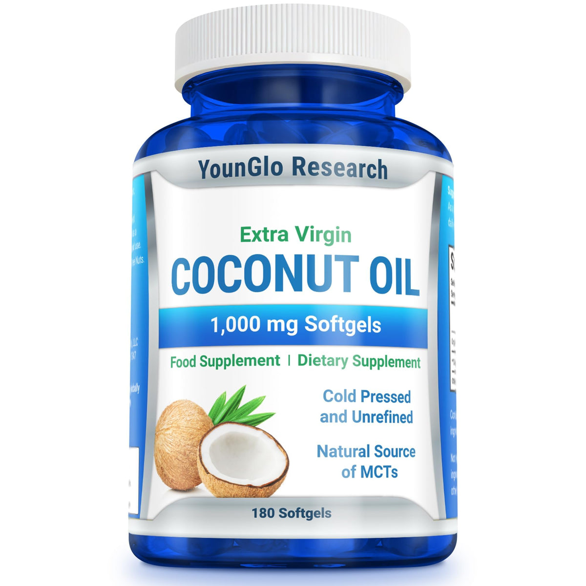 Bottle of YounGlo Coconut Oil 1000 mg vegan softgels