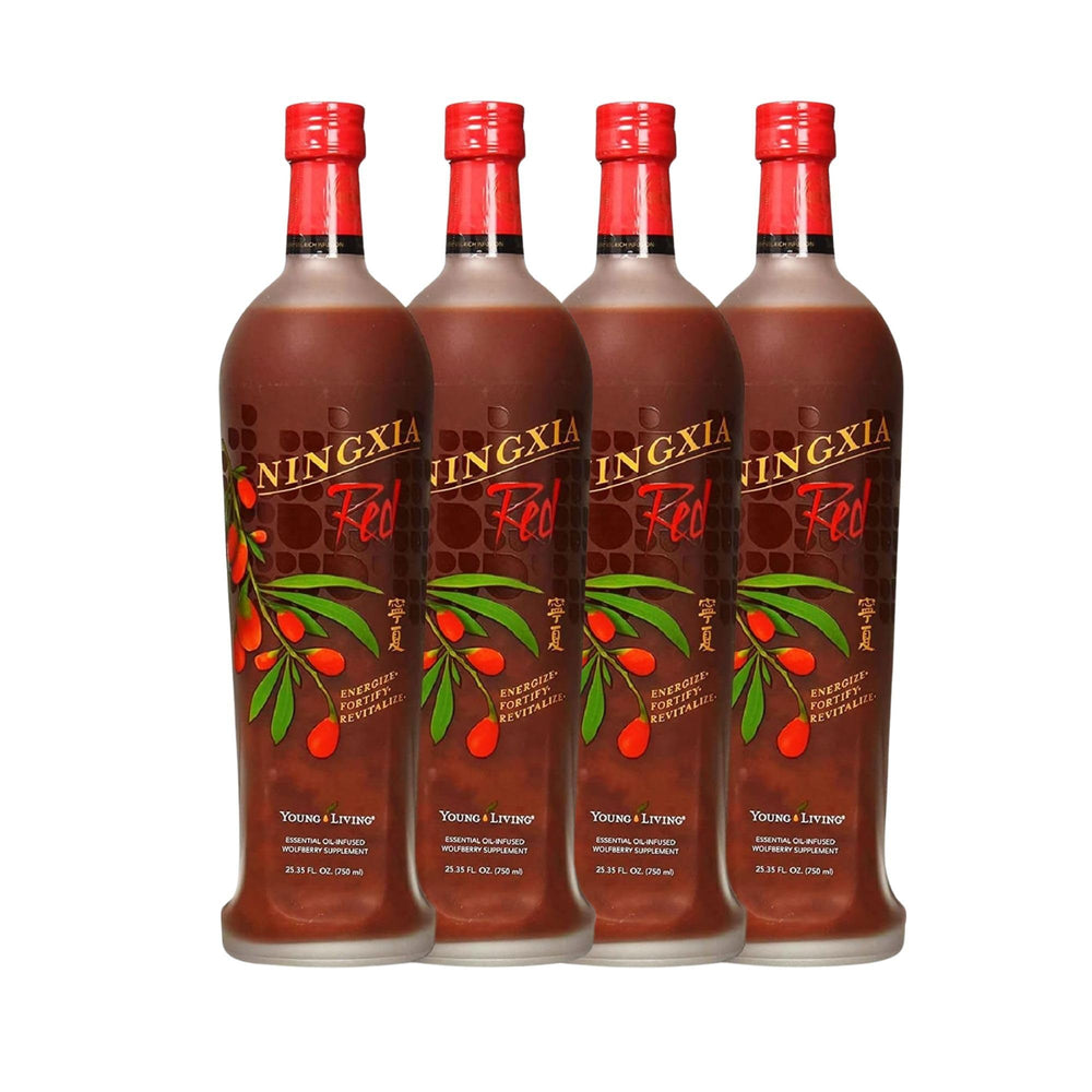 Front view of Young Living NingXia Red 25.35 fl oz bottle in a 4-pack