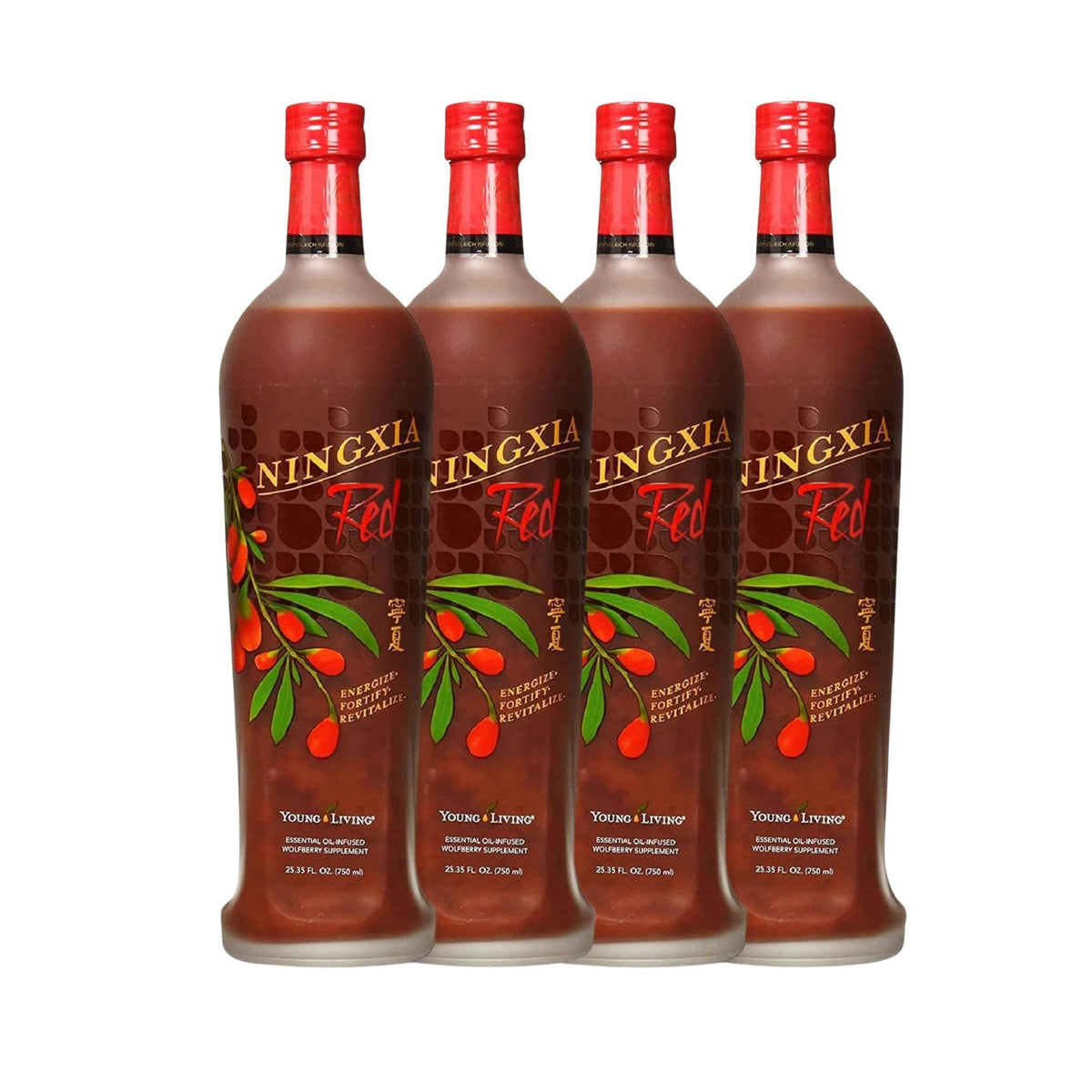 Front view of Young Living NingXia Red 25.35 fl oz bottle in a 4-pack