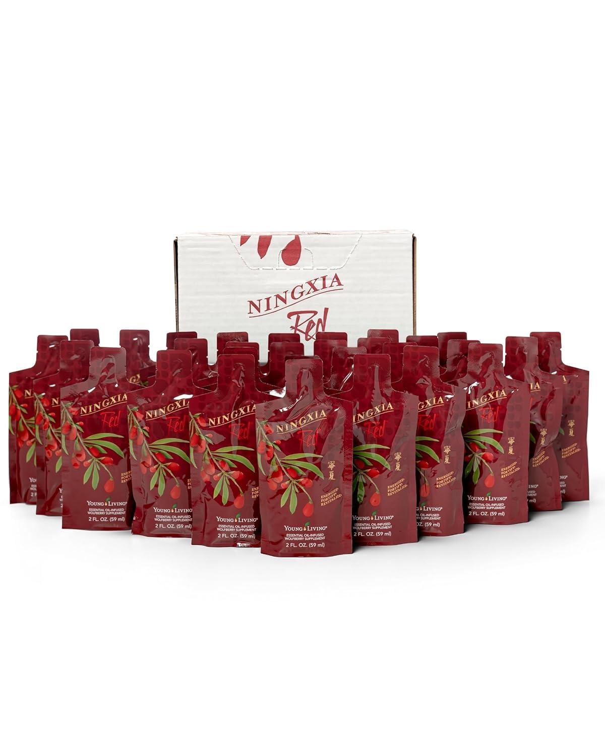Front view of Young Living Ningxia Red 30-pack single-serve packets, 2 oz each