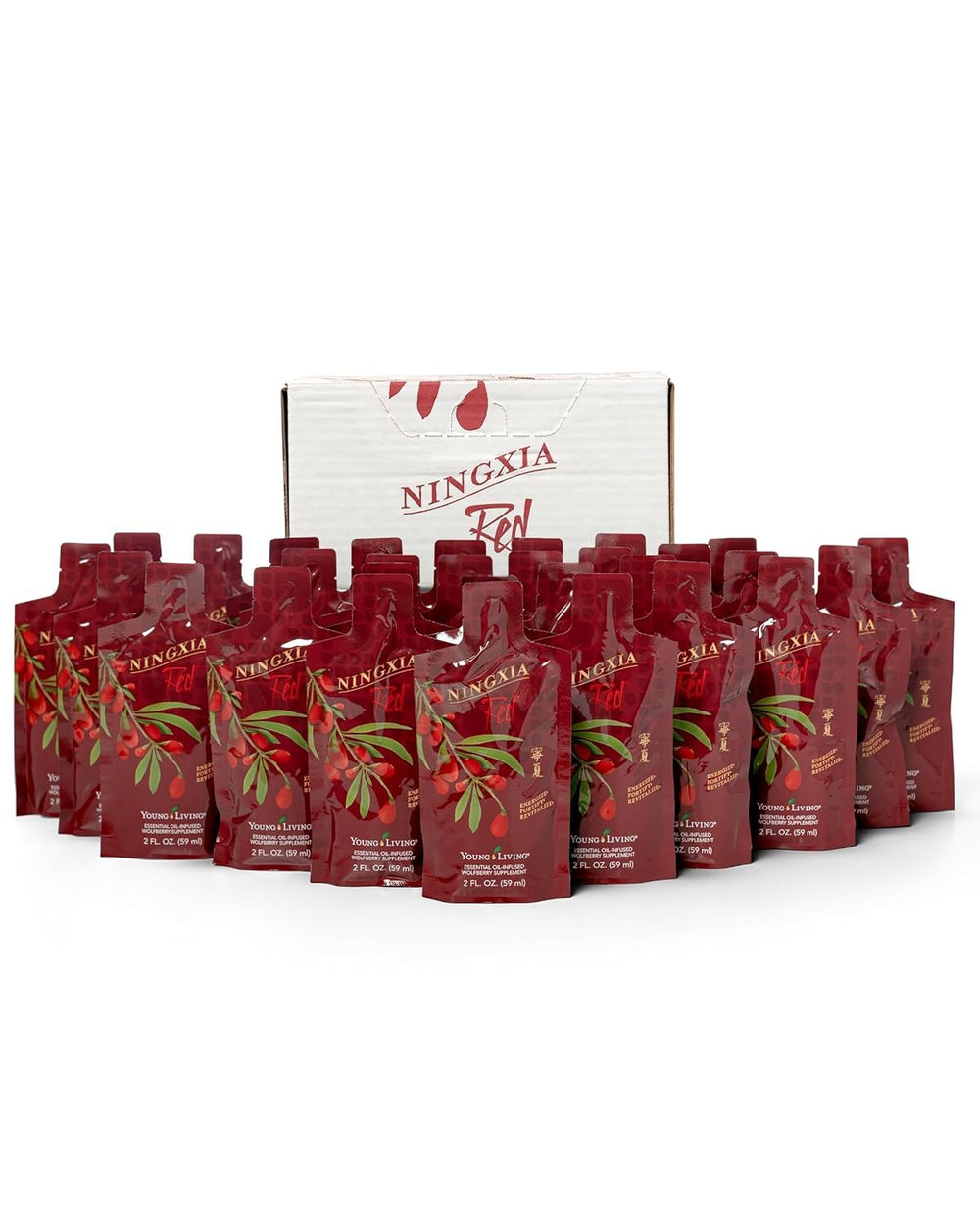 Front view of Young Living Ningxia Red 30-pack single-serve packets, 2 oz each