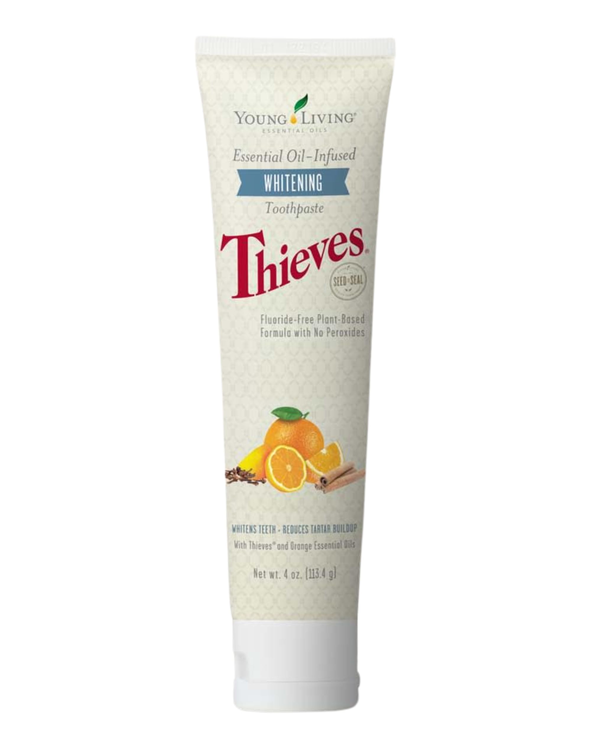 Tube of Young Living Thieves Whitening Toothpaste with mint flavor