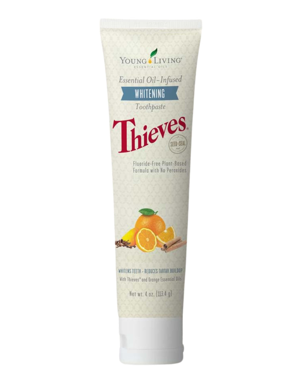 Tube of Young Living Thieves Whitening Toothpaste with mint flavor