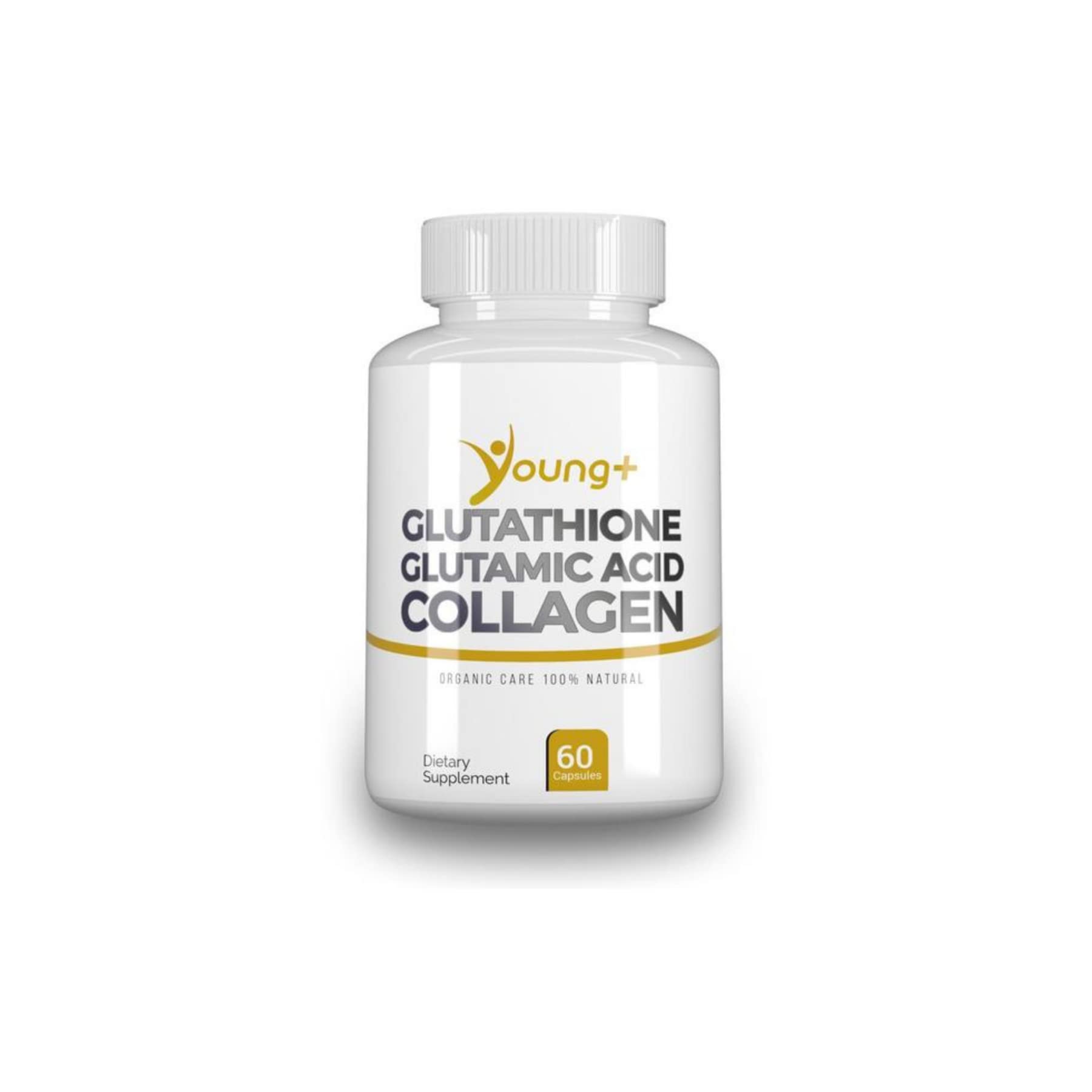 Bottle of Young+ Glutathione, Glutamic Acid and Collagen supplement with 60 capsules