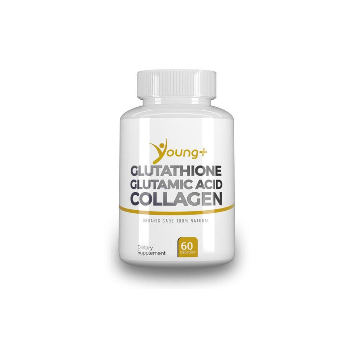 Bottle of Young+ Glutathione, Glutamic Acid and Collagen supplement with 60 capsules
