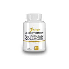 Bottle of Young+ Glutathione, Glutamic Acid and Collagen supplement with 60 capsules