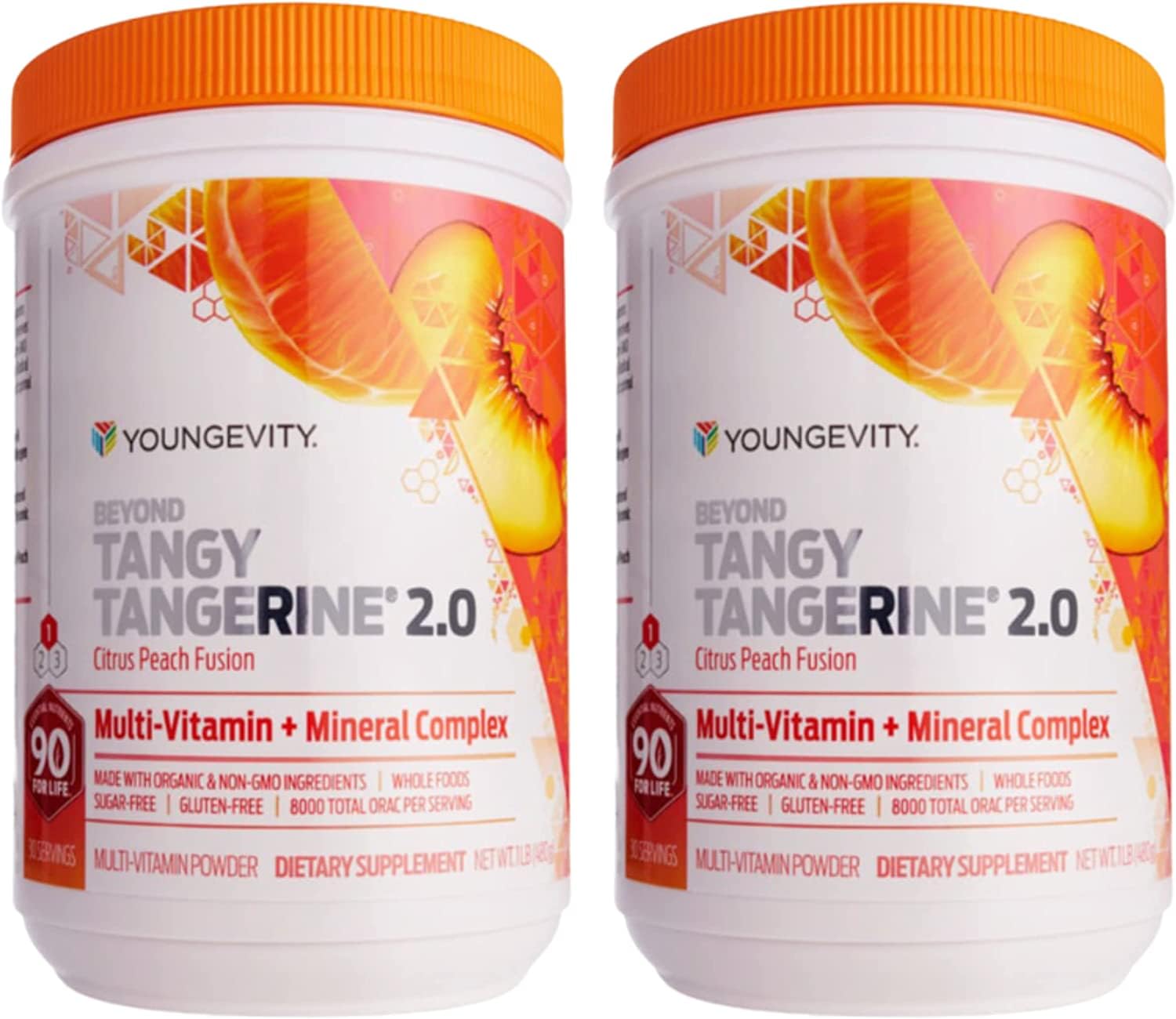 Front view of Youngevity Beyond Tangy Tangerine 2.0 Citrus Peach canister