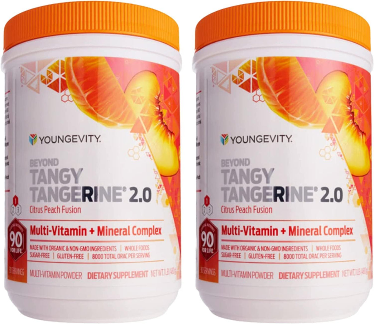 Front view of Youngevity Beyond Tangy Tangerine 2.0 Citrus Peach canister