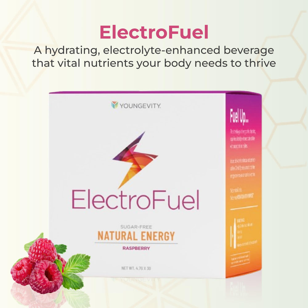 Youngevity ElectroFuel Raspberry powder dissolving in a glass for quick hydration