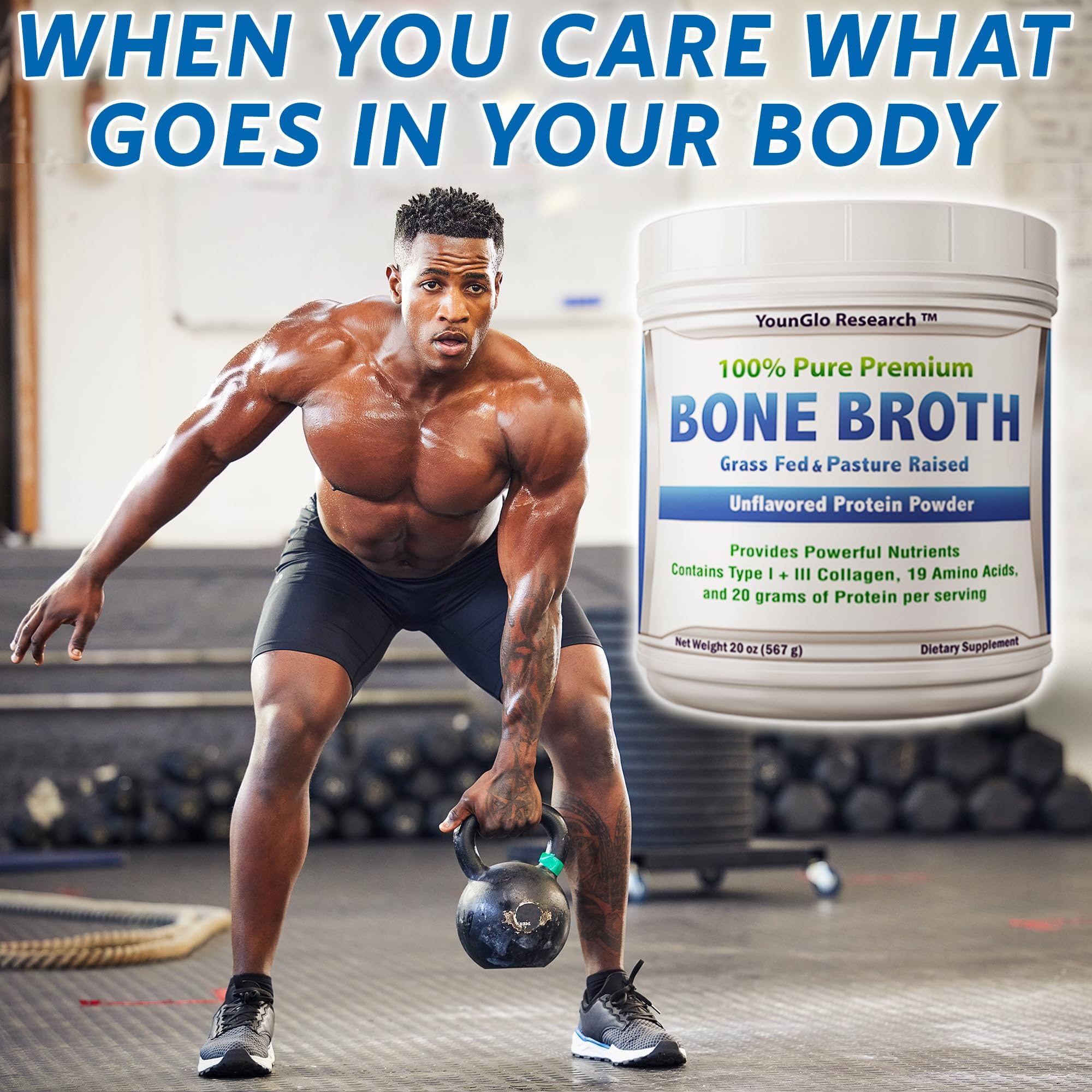 YounGlo Research bone broth protein powder scoop measures 20g protein for meals.