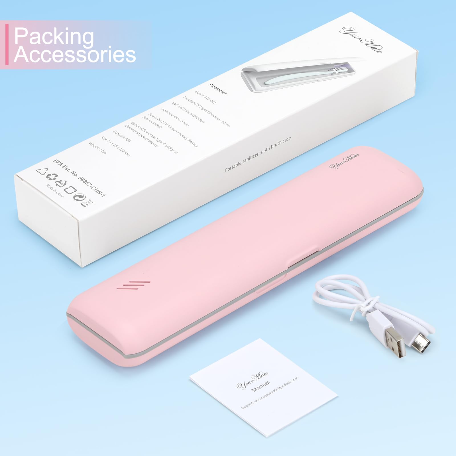 Packing list and product dimensions: 8.7 x 2.2 x 1.1 inches