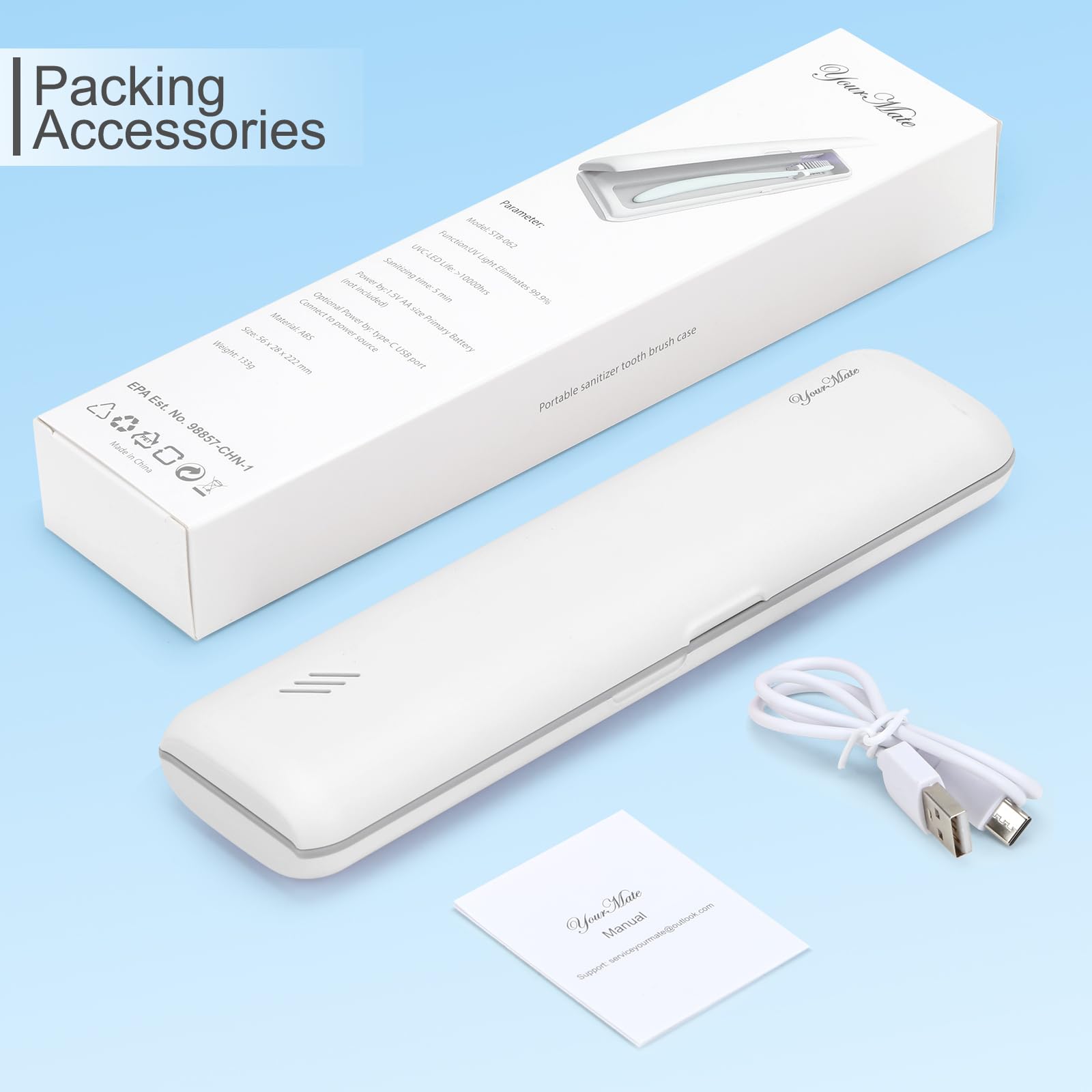 Packing list included: toothbrush sanitizer, USB-C cord, instructions, AA batteries