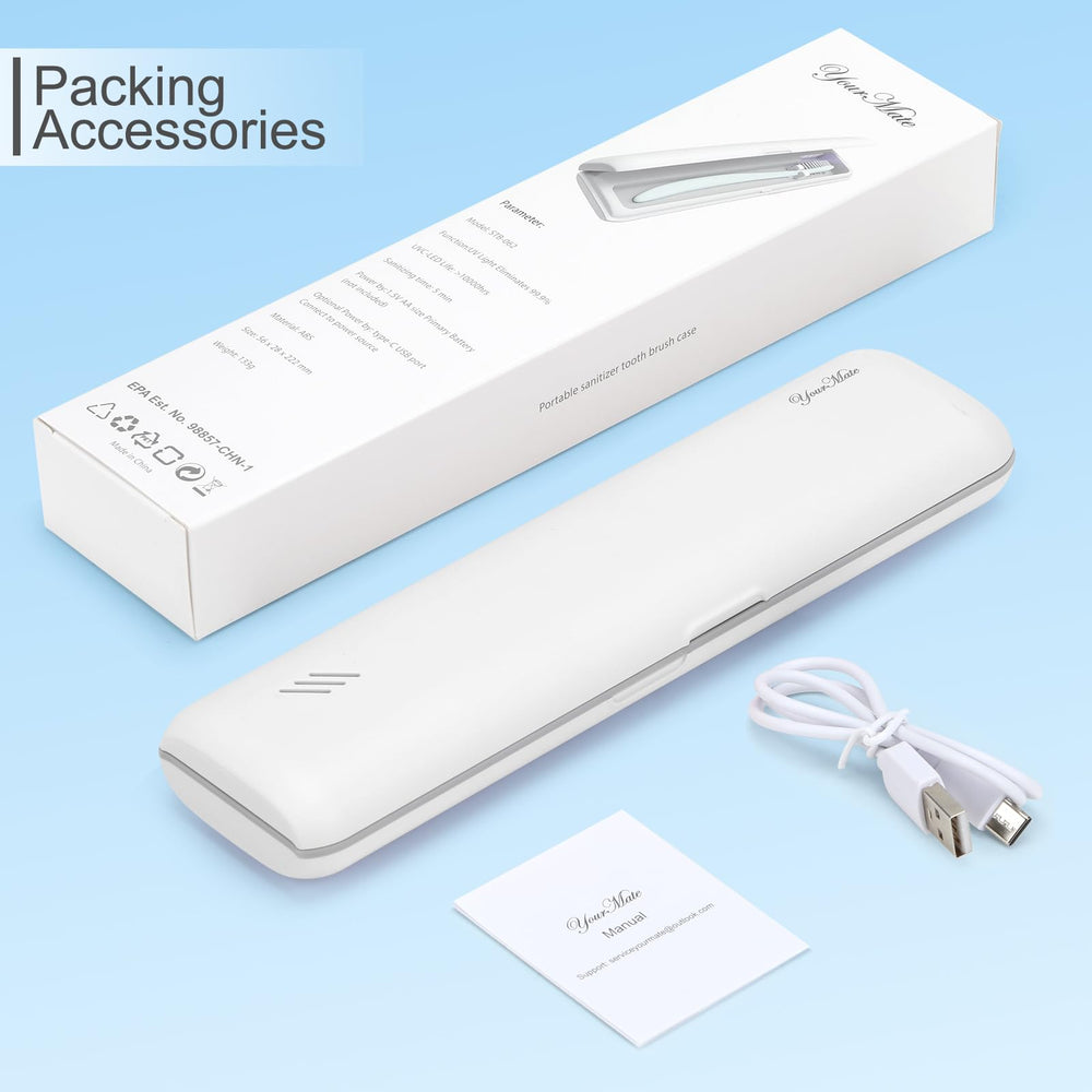 Packing list included: toothbrush sanitizer, USB-C cord, instructions, AA batteries
