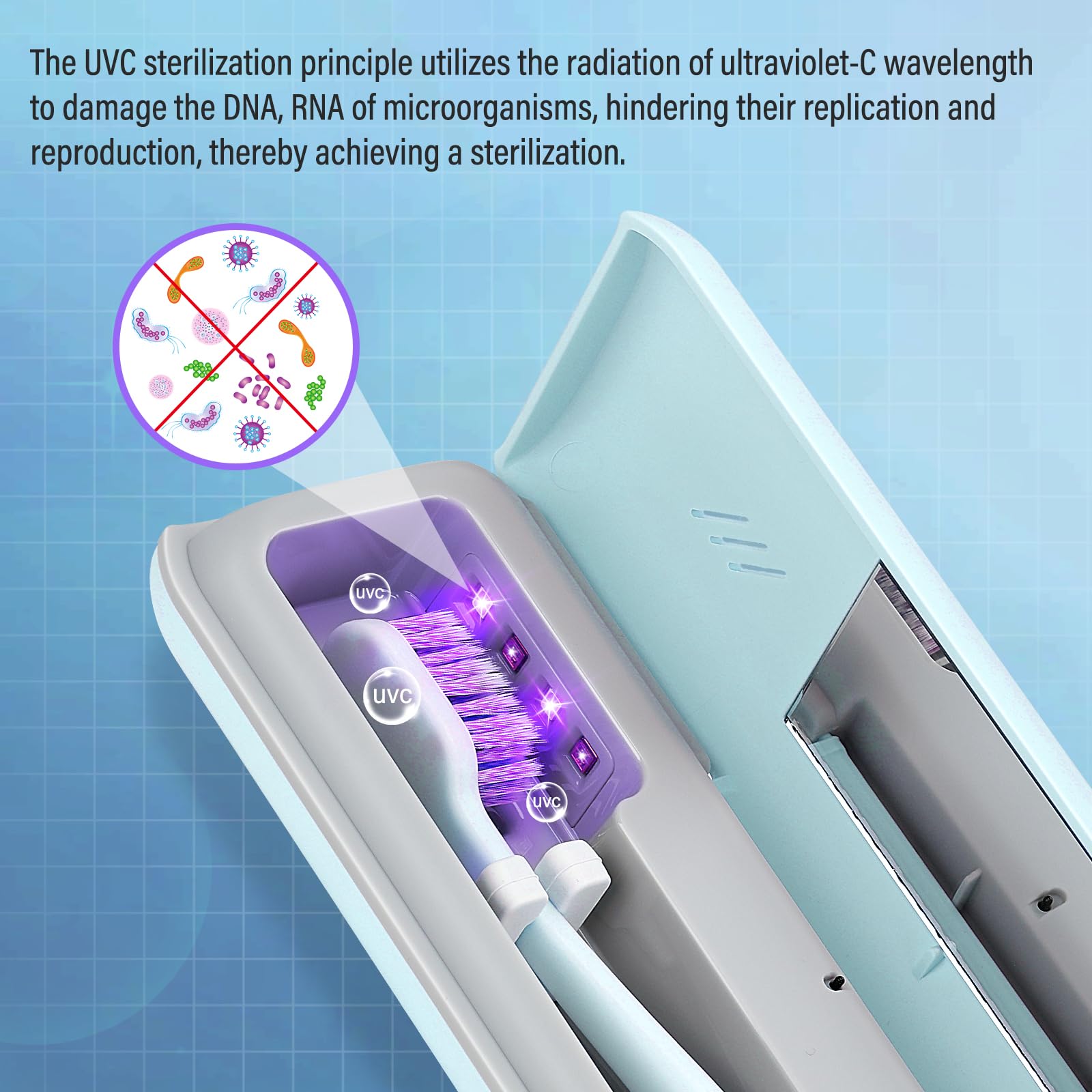 Open blue UVC toothbrush case showing interior sanitizer