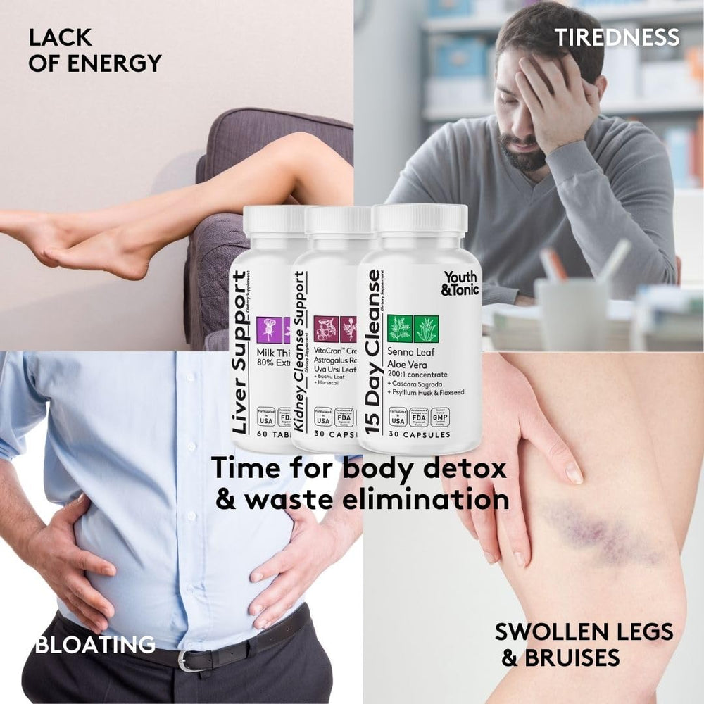 Youth & Tonic 3X bottle side highlighting easy dosing for a 15-day cleanse.