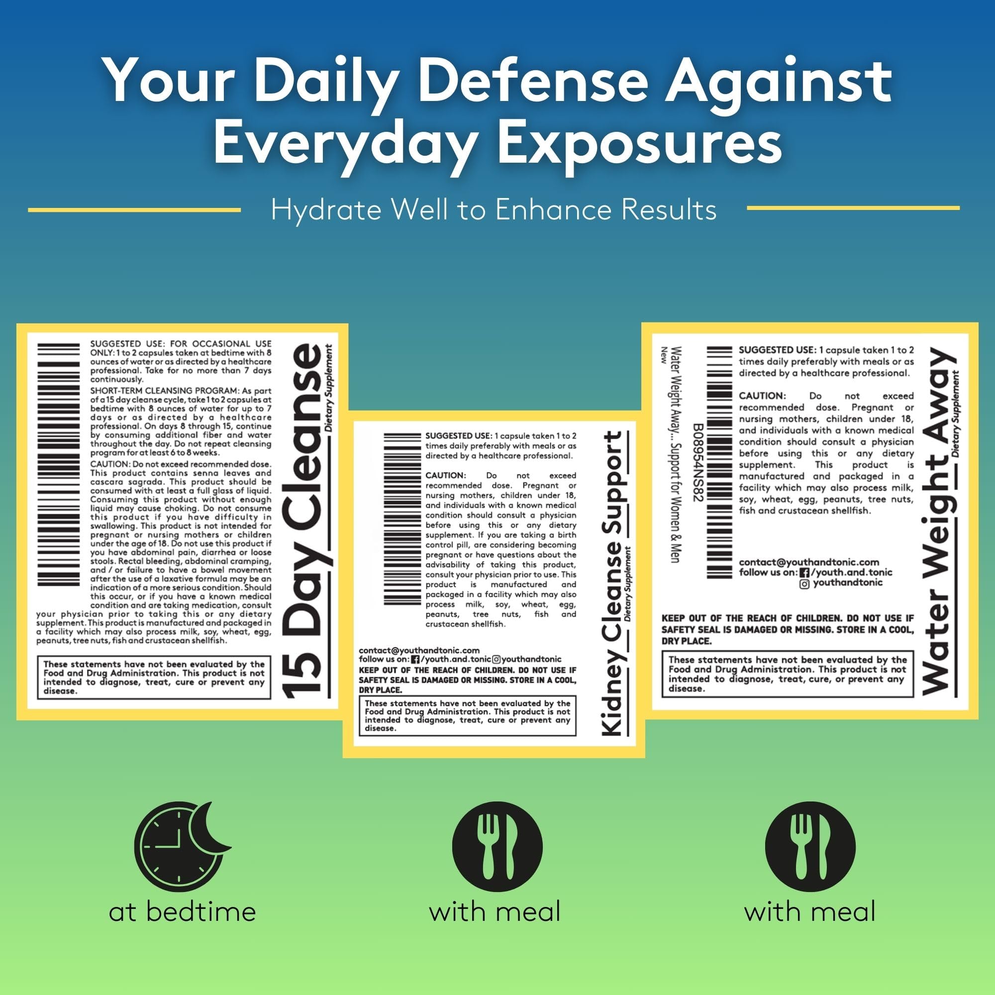 Youth & Tonic bottle and instruction card signaling easy daily regimen.