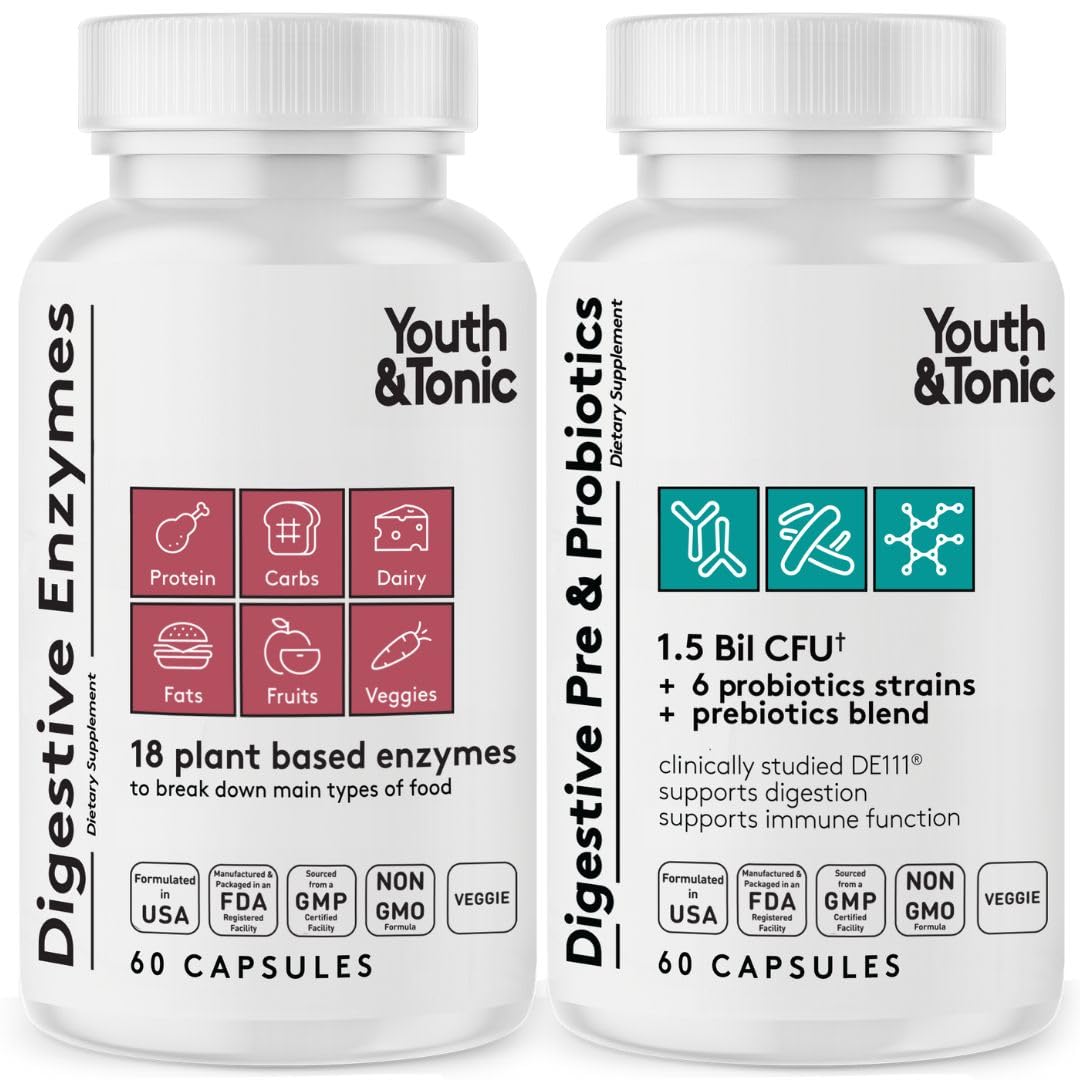 Hero image of Youth & Tonic Digestive Supplement bottle with 120 pills