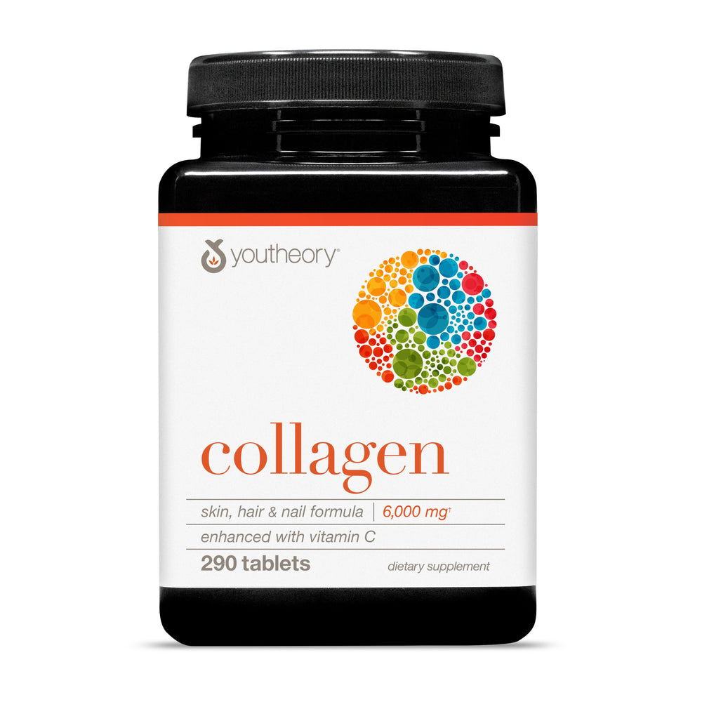Youtheory Advanced Collagen bottle front highlighting 6000 mg peptides for hair and joints