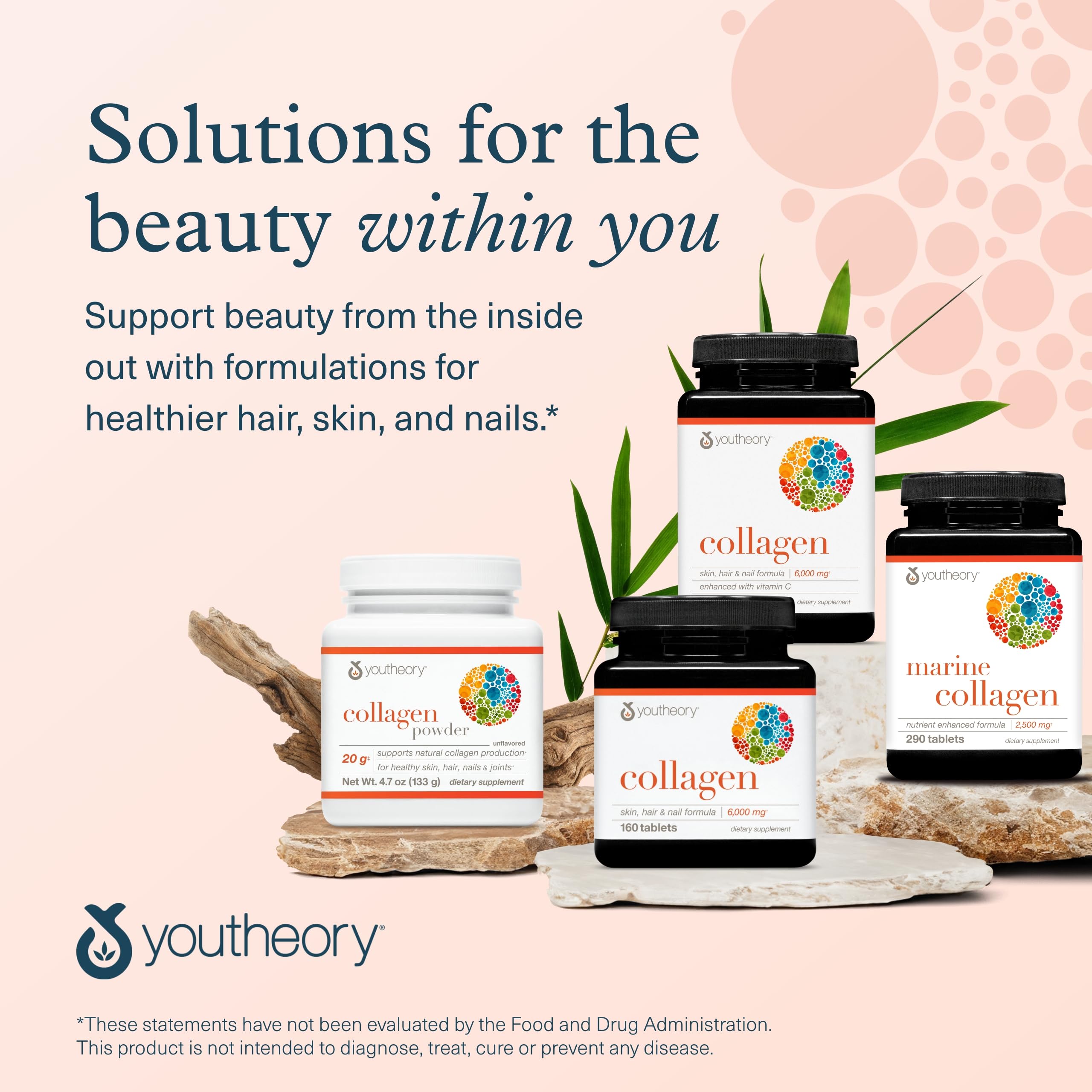 Youtheory Advanced Collagen lifestyle shot focused on hair, skin, nails.