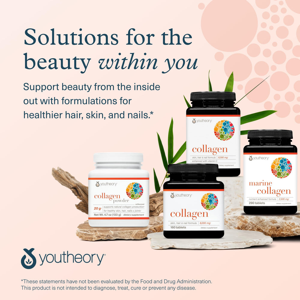 Youtheory Advanced Collagen lifestyle shot focused on hair, skin, nails.
