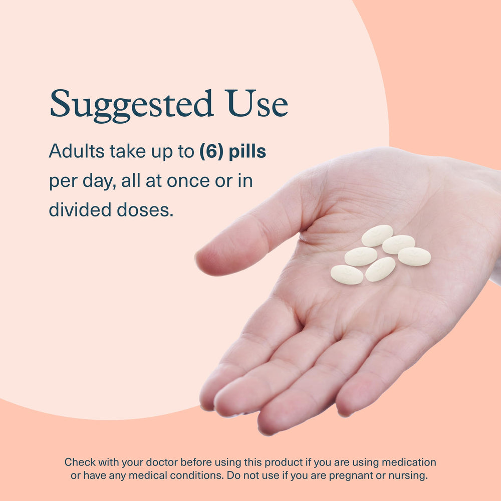 Youtheory Advanced Collagen tablets poured into a glass to illustrate dosage