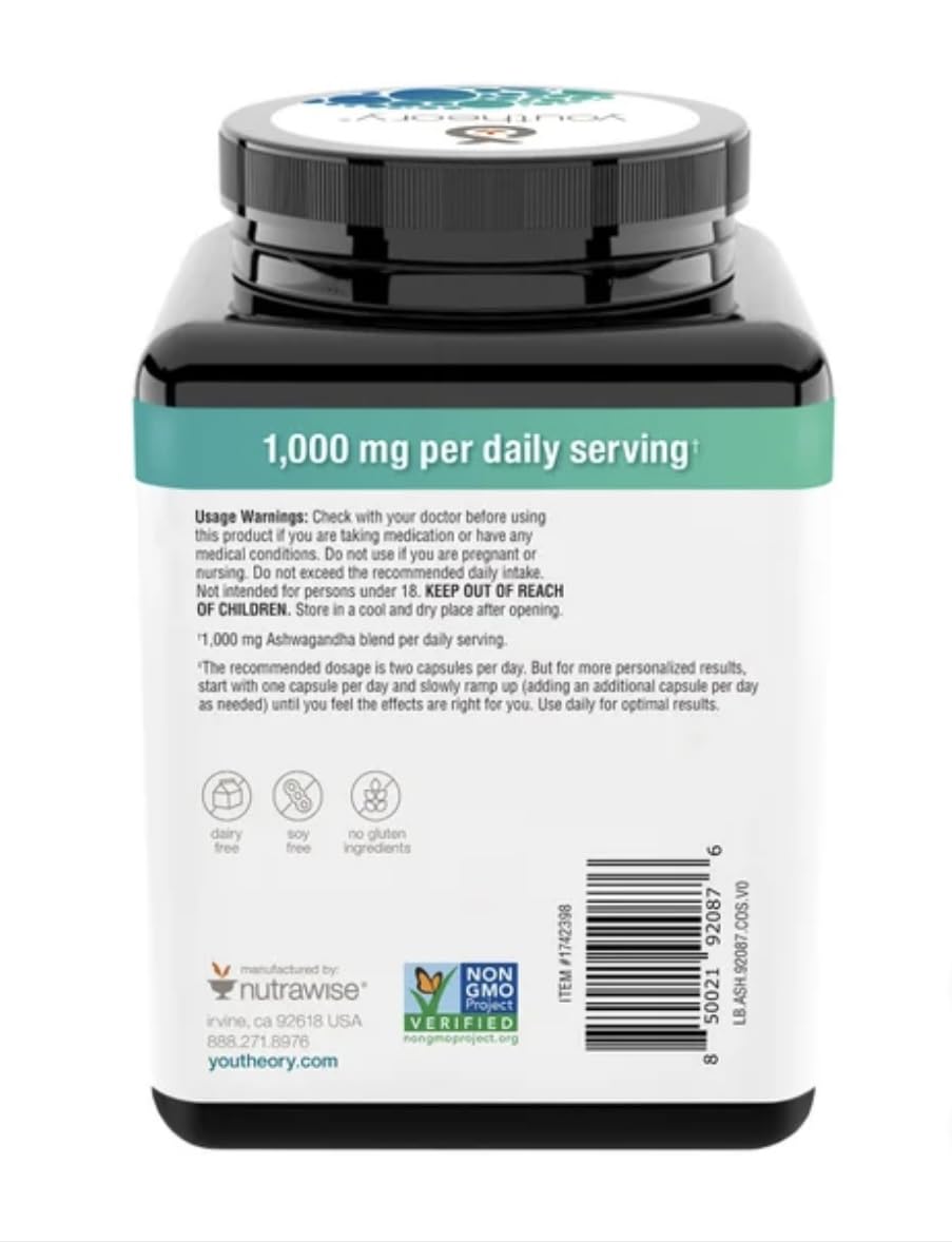 Capsules and bottle of Youtheory Ashwagandha 1000 mg