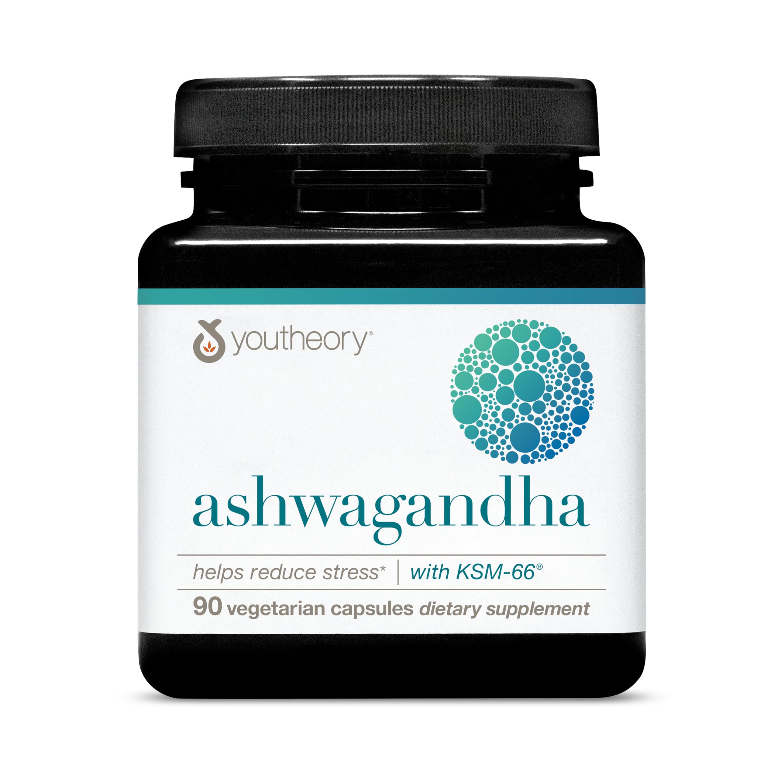 Youtheory Ashwagandha bottle close-up highlighting organic KSM-66 for daily stress support.