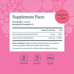 Close-up of ingredients for Youtheory B12B6 vegan supplement