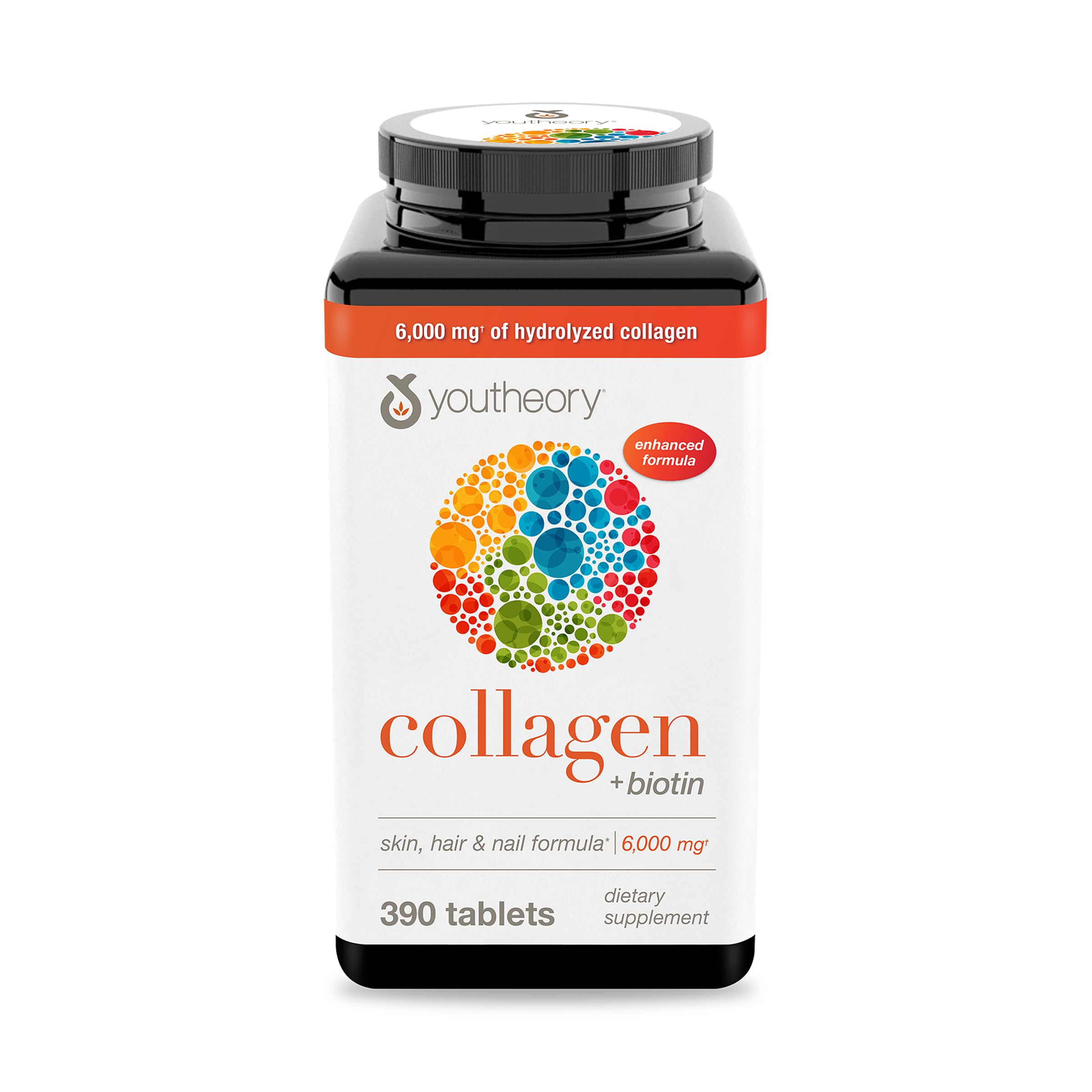 Front view of Youtheory Collagen Advanced Formula with Biotin bottle