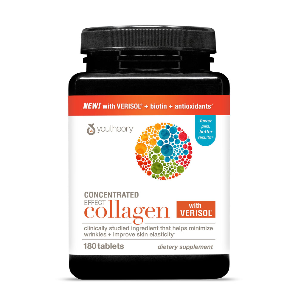 Bottle of Youtheory Concentrated Effect Collagen with Verisol and 180 tablets