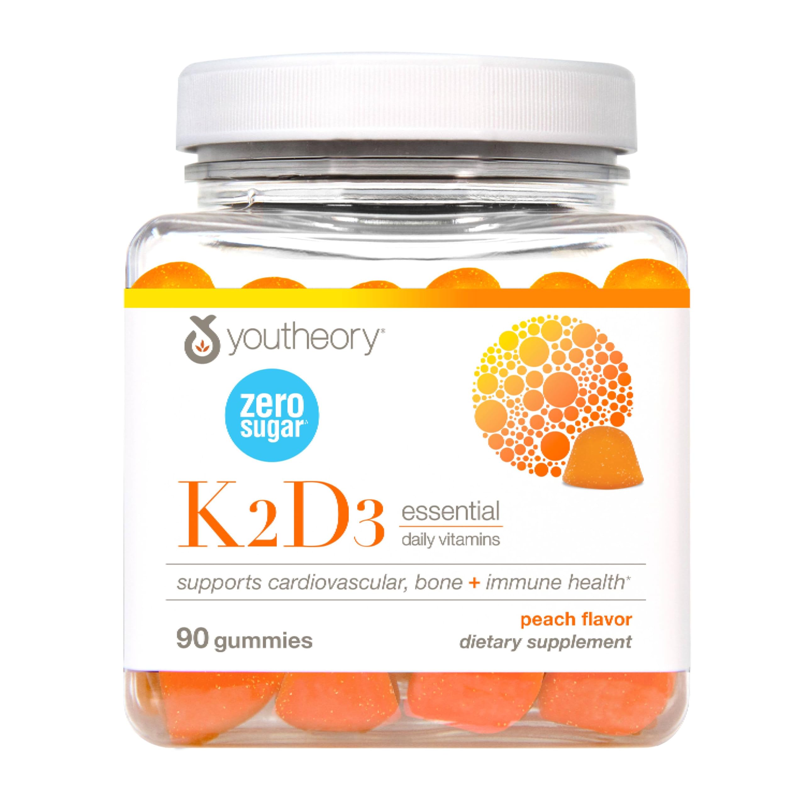 Youtheory K2D3 Sugar-Free Gummy 120ct bottle with peach flavor