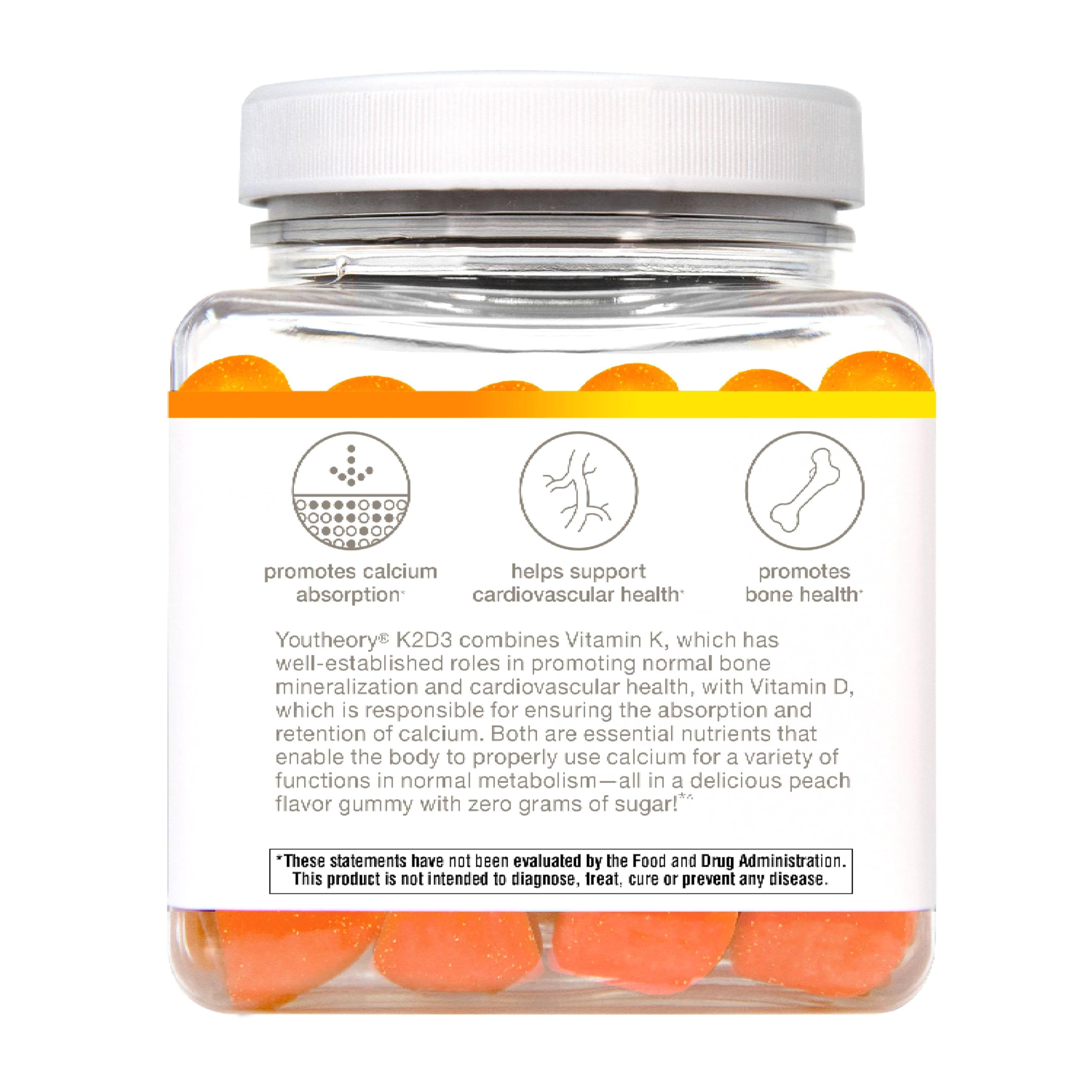 Youtheory K2D3 bottle nutrition label highlighting K2 and D3