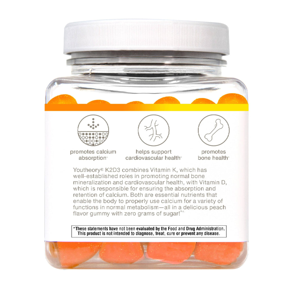 Youtheory K2D3 bottle nutrition label highlighting K2 and D3
